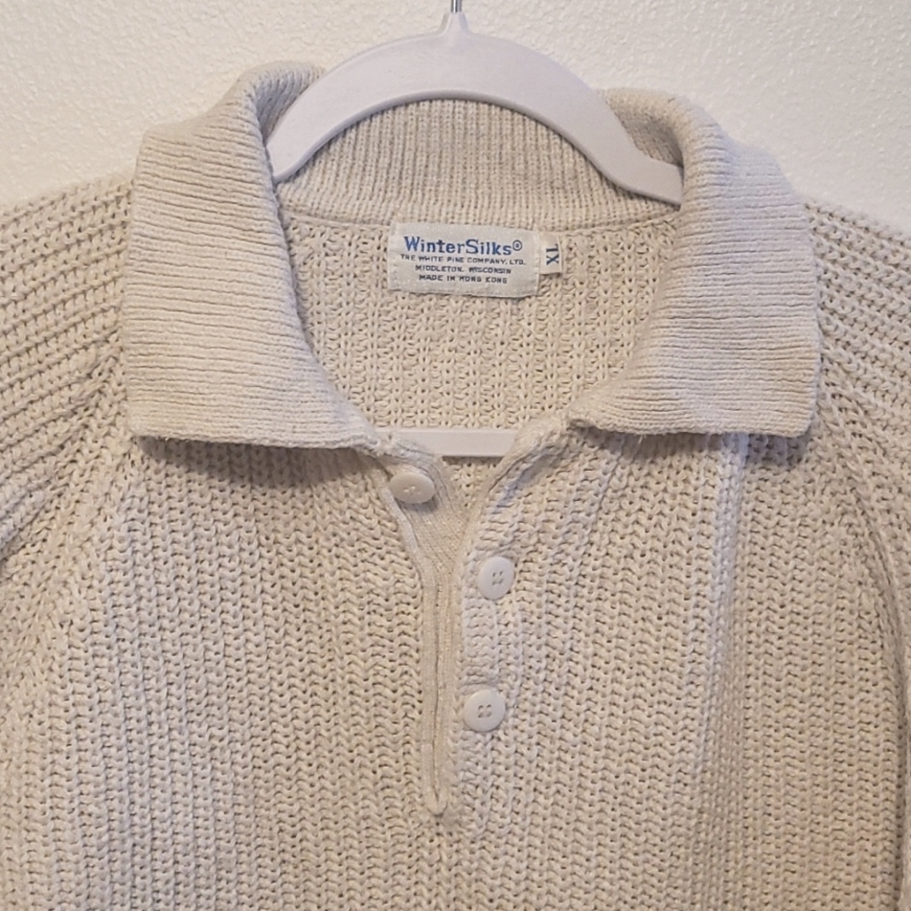 WinterSilks Vintage White Knit Sweater XL 70s/80s collar button down collar